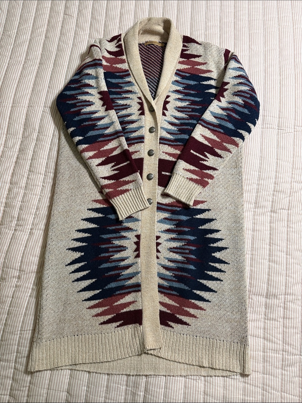 Shyanne Beige Aztec Long Button Cardigan with Navy & Burgundy Accents